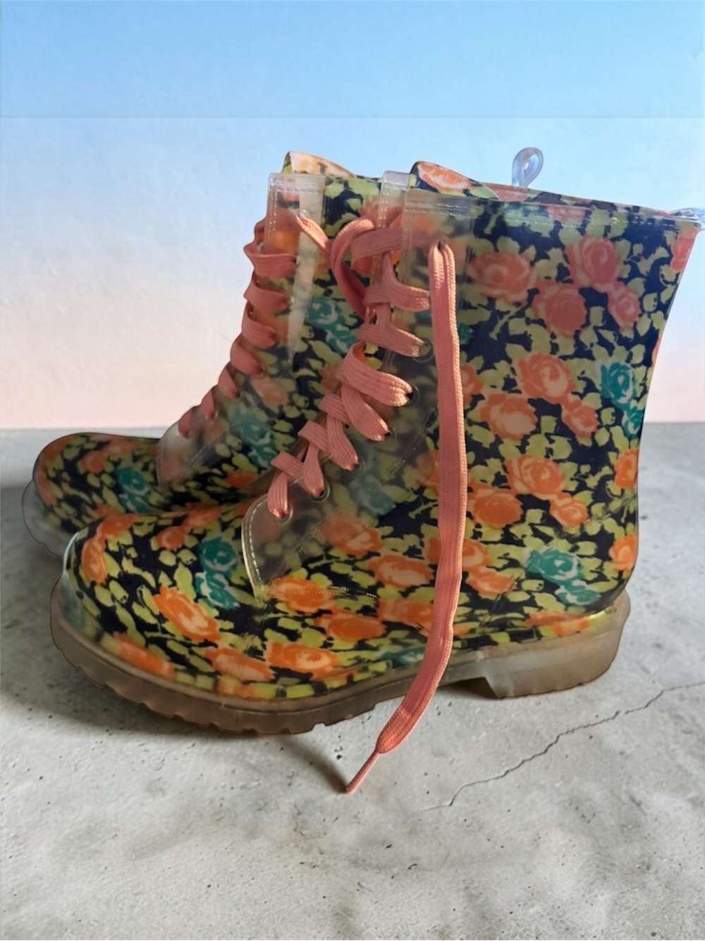 Floral Clear Vinyl Combat Rain Boots Lace-Up Chunky Women’s 8 Bongo